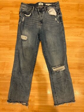 Kensie Distressed Straight-Leg Jeans in Medium Blue